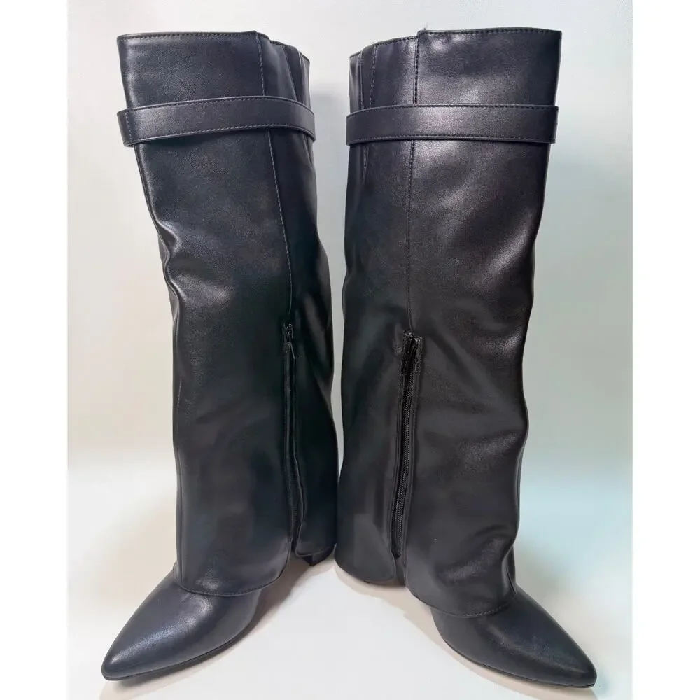 Target Wild Fable Black Fold Over Mid Calf Boots Size 6.5 Lock Strap Block Heel